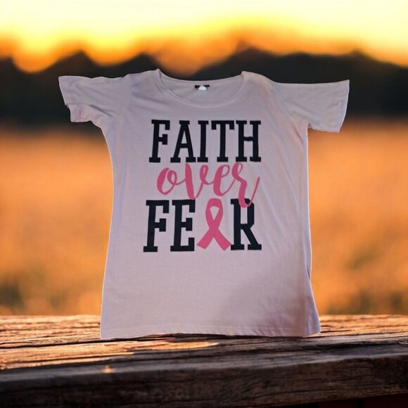 Faith Over Fear Pink Ribbon T-Shirt 1X Breast Cancer Awareness Fight - Picture 1 of 7